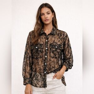 Zara Sheer Lace Black and Brown Snake Print Button-Down Shirt In Size Small
